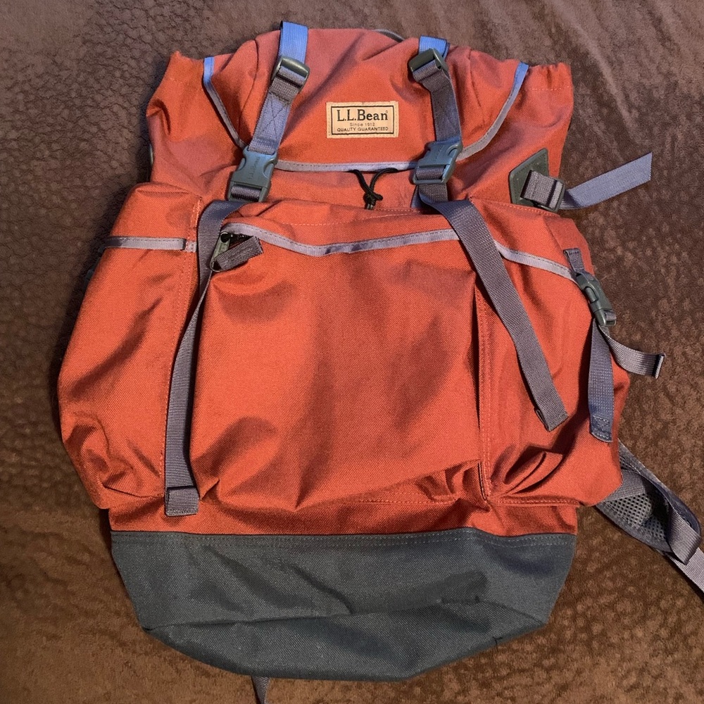Orange LLbean camping backpack